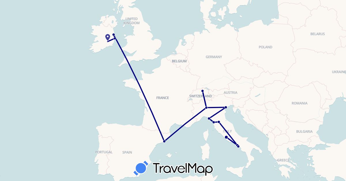 TravelMap itinerary: driving in Switzerland, Spain, Ireland, Italy (Europe)